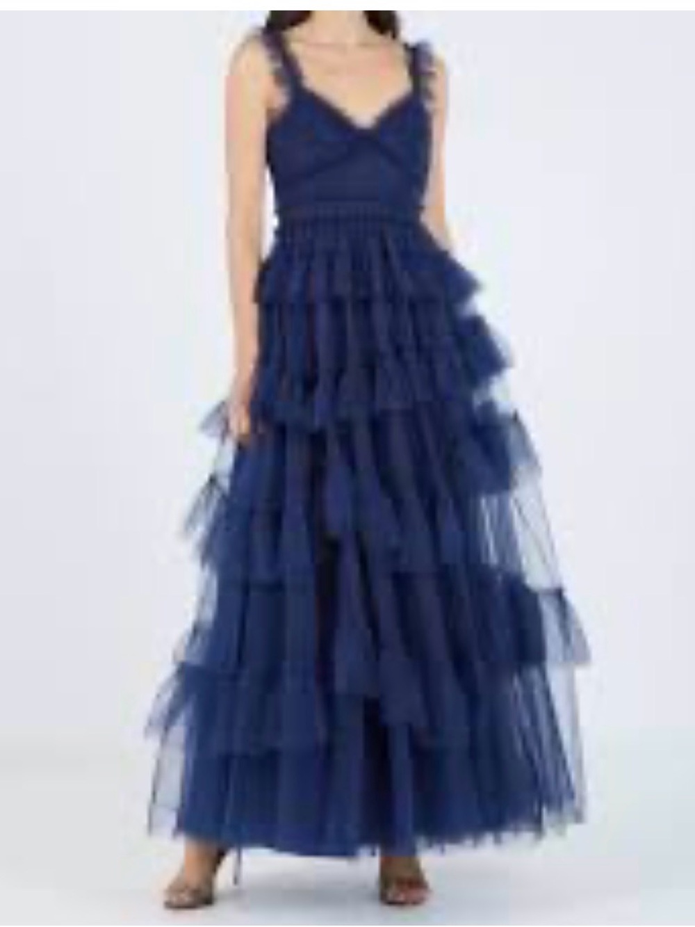 BCBGMaxAzria Navy Tiered Ruffle Tulle Maxi Dress